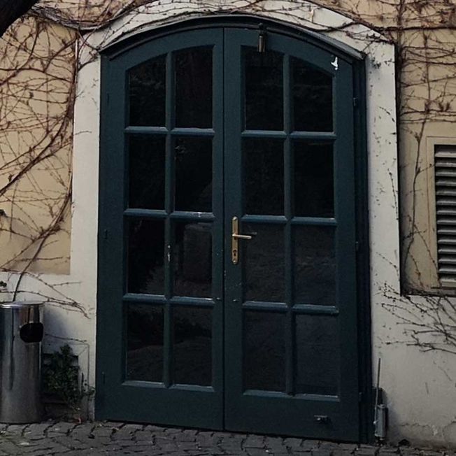 Grüne Doppeltür mit Verglasung vor Renovierung